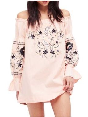 Free People Pink Fleur du Jour Embroidered Off Shoulder Mini Dress Small